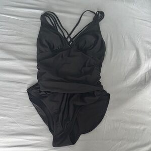 Black One-Piece Swimsuit Plunge Ruched Criss Cross Back